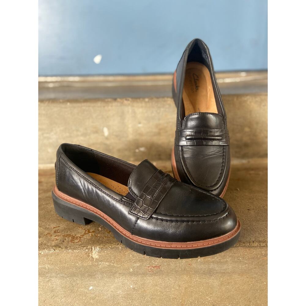 Clarks Collection black leather lug sole loafer